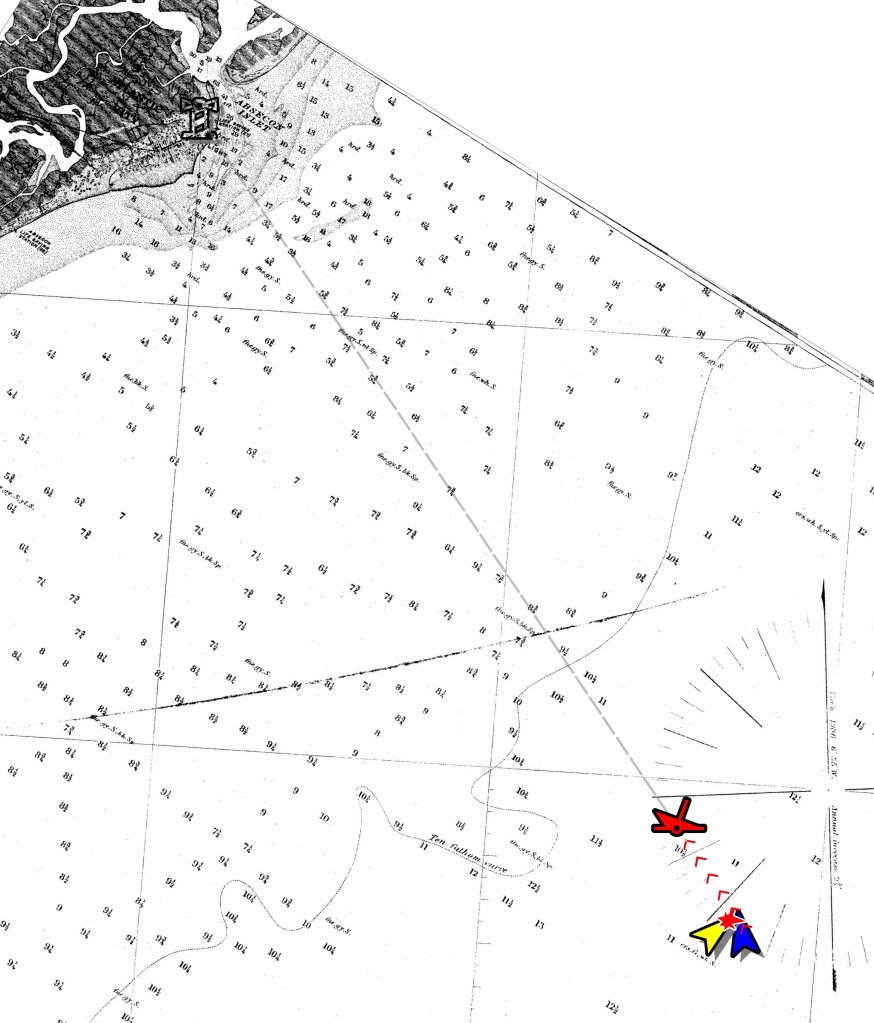 The site of the collision and location of the wreck is plotted on this nautical chart from 1852.