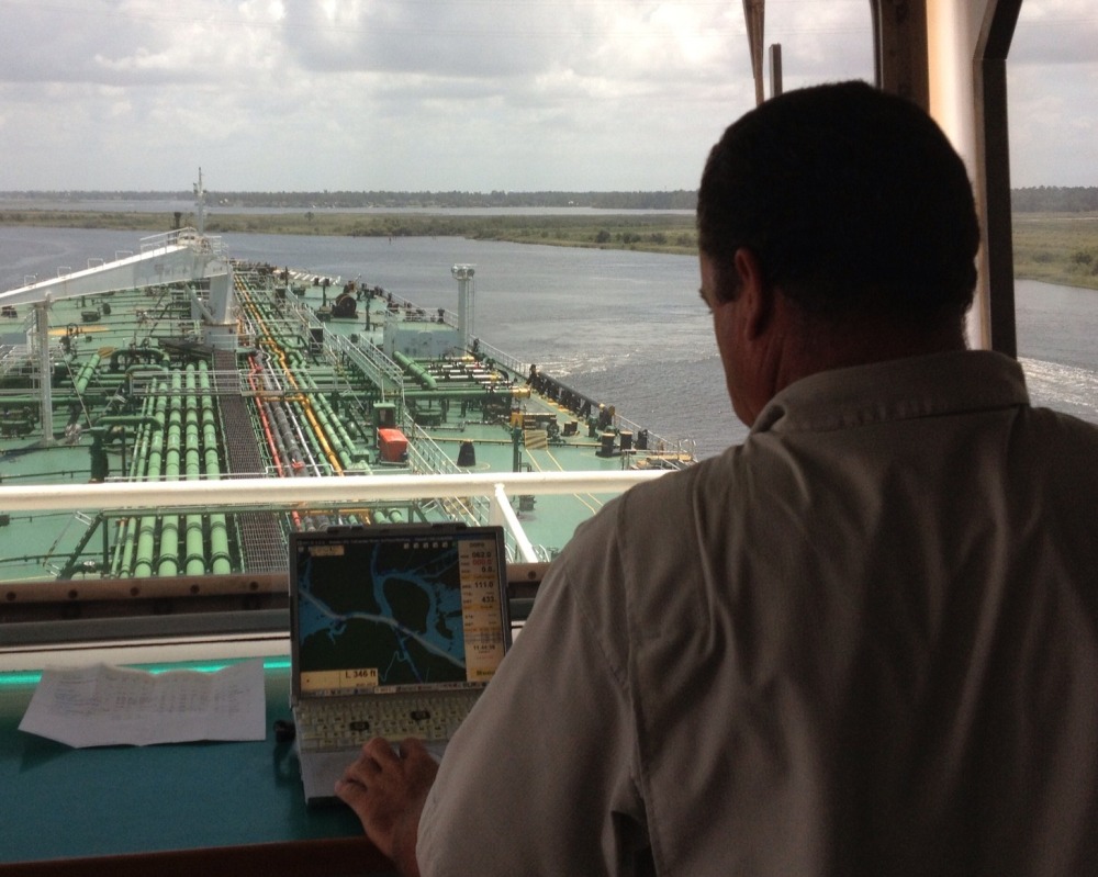 A Lake Charles pilot uses an ENC as they navigate the 300-foot wide Calcaseiu Channel. Photo by Tim Osborn.