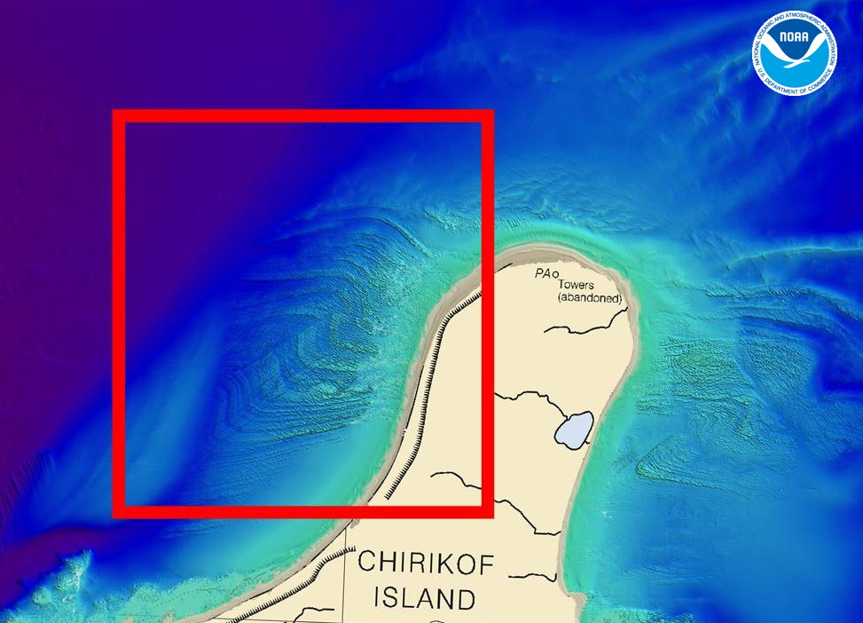 The red box outlines the northeast-trending fault along the coast of Chirikof Island, shown with bathymetry acquired by the Rainier. 