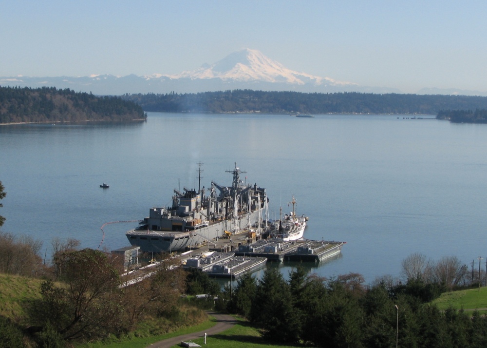 USNS Rainer and NOAA Ship Rainer, with Mount Rainier in the background. Photo compliments of NAVSUP-FLC Puget Sound.