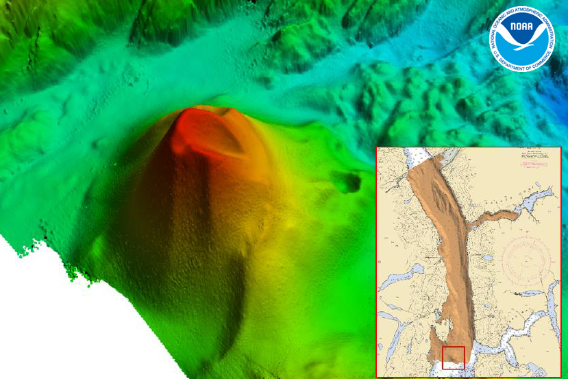 Multibeam data acquired by NOAA Ship Rainier shows a large volcanic feature in the southern portion of the Behm Canal.