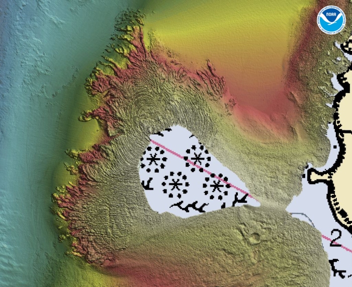 Multibeam bathymetry acquired by Fugro, around Akutan Island, shows a large volcanic vent or cinder cone volcano, marked by multiple circular rings that represent the successive lava flows that formed the volcano.