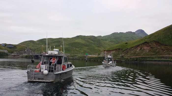 Two of the NOAA Ship Fairweather launches depart for a day of hydrographic surveying