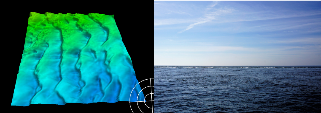 The shoal, located off Rockaway Point at the northern end of Raritan Bay, is exposed to both open ocean swells and strong tidal currents (left image, from surveyed area). The interaction of tides, currents, and waves surrounding the shoal produce rolling breakers (right photo). Wave energy stirs up the sediment and suspends large volumes of sand in the water column. Wave energy fluctuates as the tide ebbs and flows, and sand is washed away and deposited elsewhere – in this case, it formed a mostly permanent sand bar off of Rockaway Point.