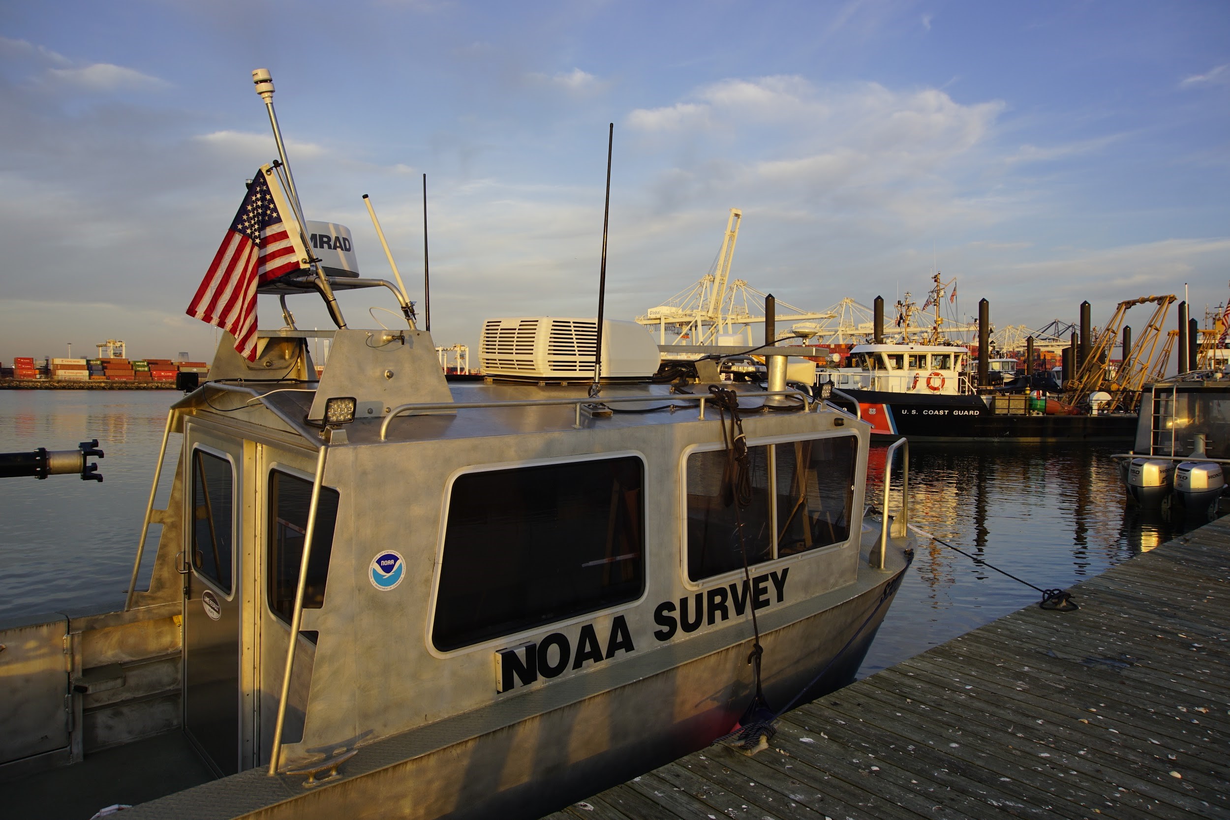 During NRT5’s responses in areas surrounding the New York Harbor, the USCG Aids to Navigation Team (ANT) in Bayonne, New Jersey, offered the team a spot to dock their vessel at the end of the day. This sheltered station provided safety from poor weather conditions and allowed the team to quickly transit to project areas. Here, NOAA survey vessel S3007 is moored alongside at the USCG station.